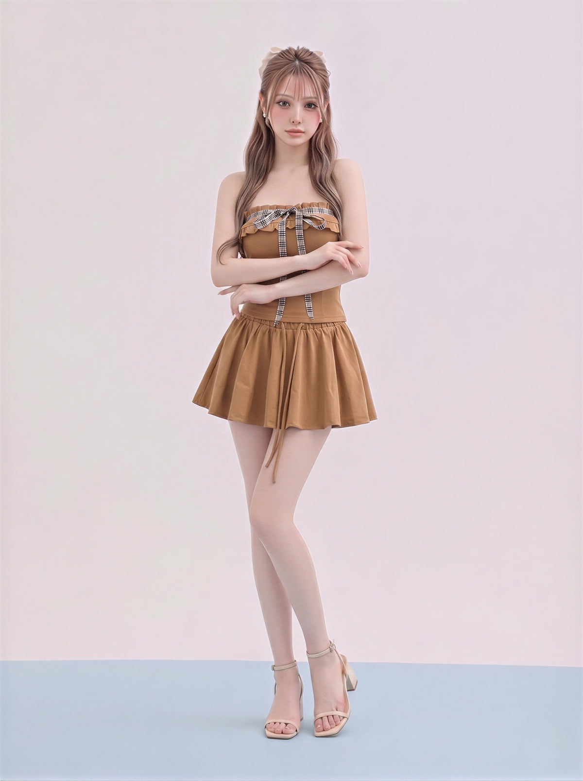 オフショルダー フリル リボン付き ショートパンツ 2点セット