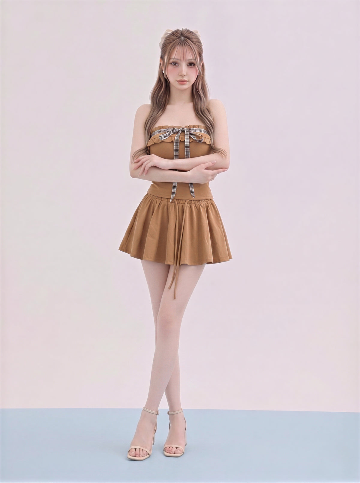 オフショルダー フリル リボン付き ショートパンツ 2点セット