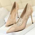 レースシースルー スリム見え ポインテッドトゥ レディース ポインテッドトゥ 浅履き ピンヒール ハイヒールパンプス