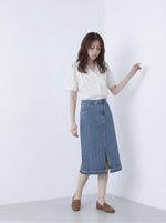 V領蕾絲滾邊刺繡泡泡袖短袖襯衫