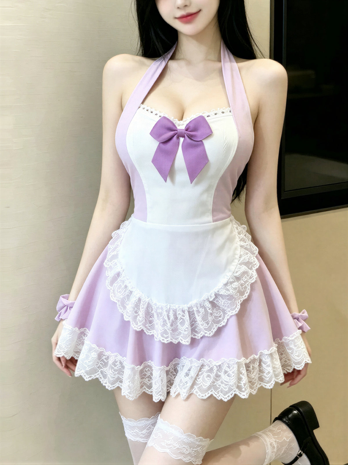 配色フリル ホルターネックワンピース