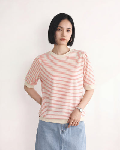 淺米色細條紋 羅紋收口 五分袖短版T恤-淺米色-XL
