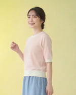 淺米色細條紋 羅紋收口 五分袖短版T恤