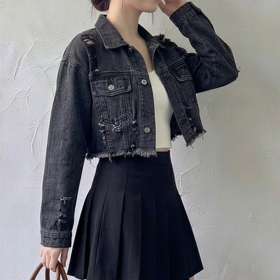 煙灰色做舊破洞毛邊短版牛仔外套