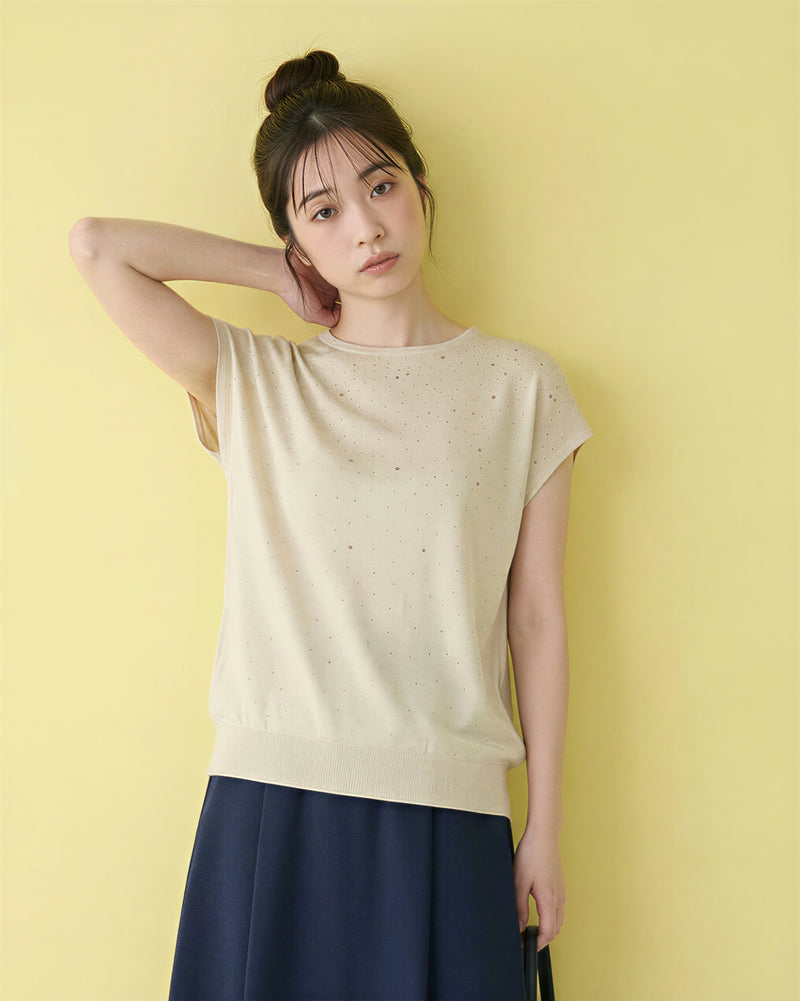 小圓領閃點提花蝙蝠袖針織短袖T恤-米色-均碼