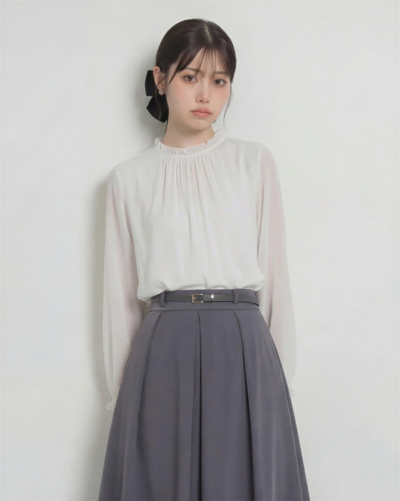 荷葉立領褶皺雪紡襯衫