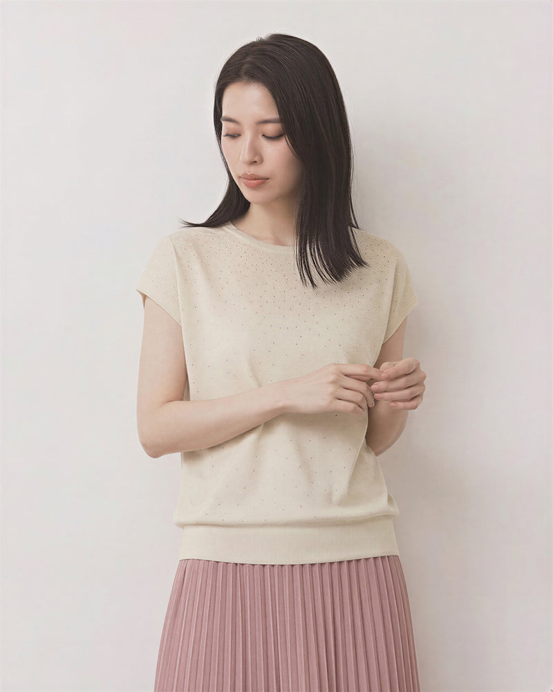 小圓領閃點提花蝙蝠袖針織短袖T恤