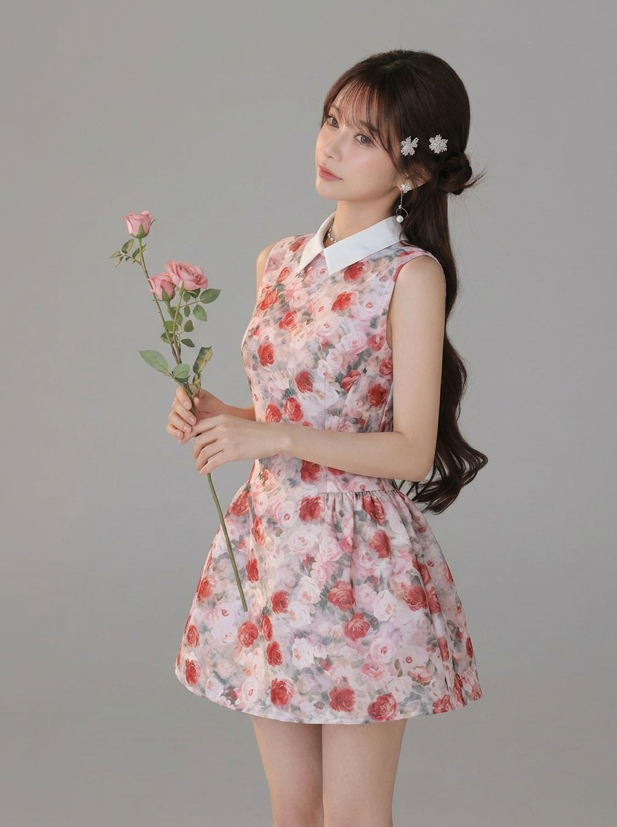 花柄切り替えノースリーブ ショート丈 A ラインワンピース-ピンク-L