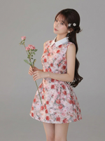 花柄切り替えノースリーブ ショート丈 A ラインワンピース-ピンク-L