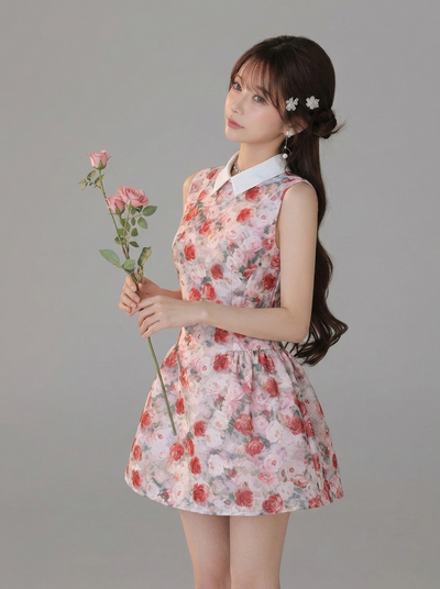 花柄切り替えノースリーブ ショート丈 A ラインワンピース-ピンク-L