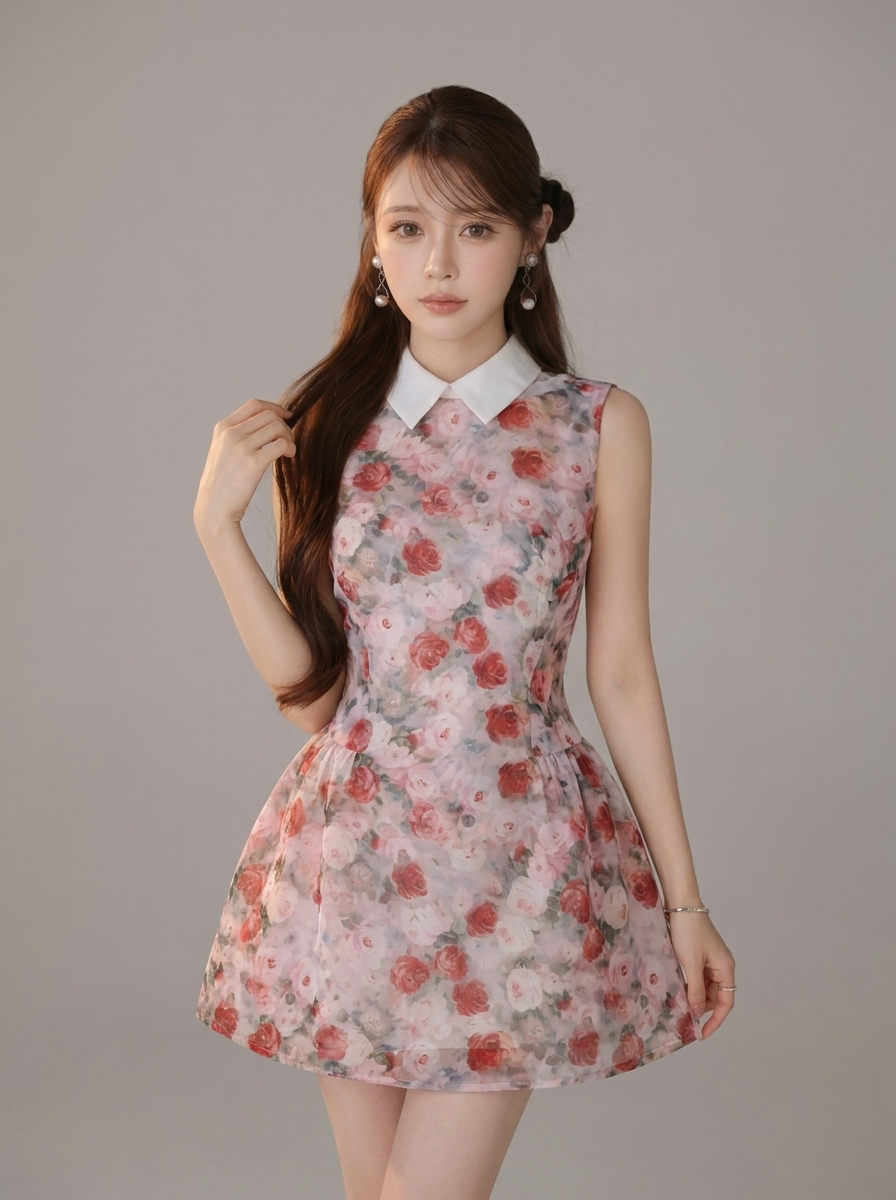 花柄プリント 切替 ノースリーブ Aライン ミニワンピース