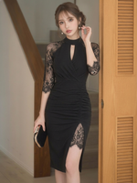 レース プリーツ スリット スリム ワンピース