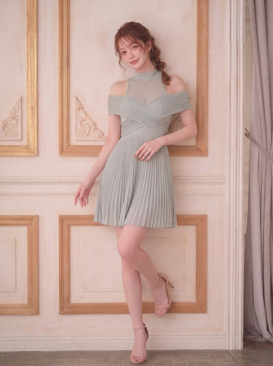ハイネック ワンショルダー ニット ミニワンピース