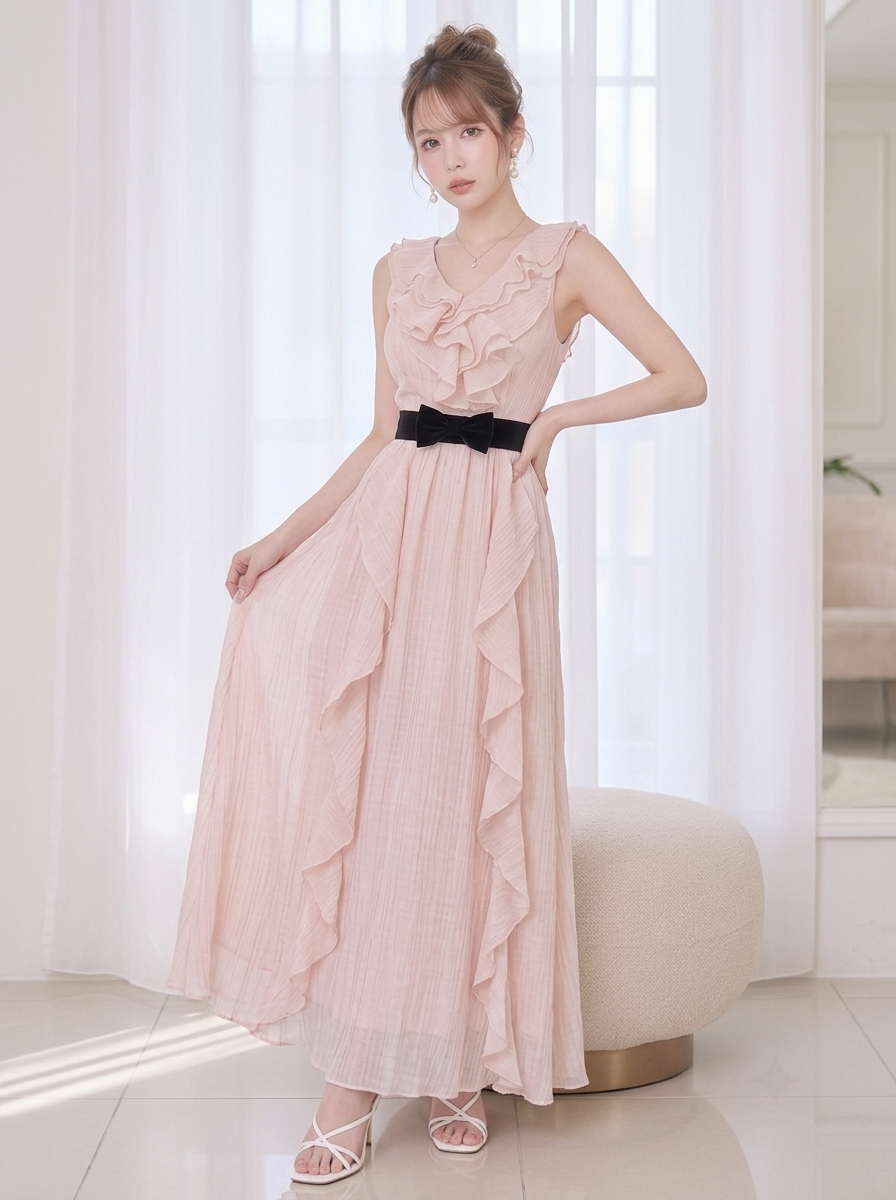 フレアスリーブ ノースリーブ Vネック ロングワンピース