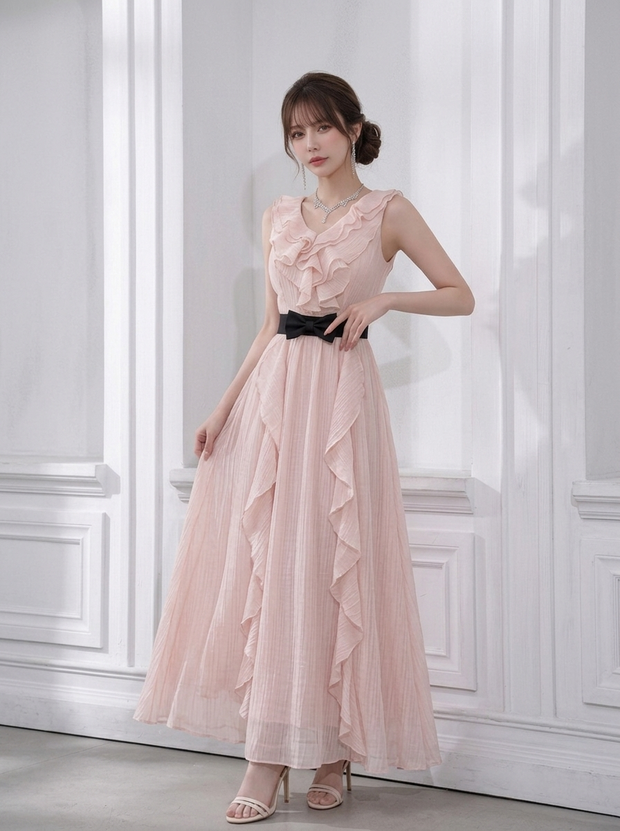フレアスリーブ ノースリーブ Vネック ロングワンピース