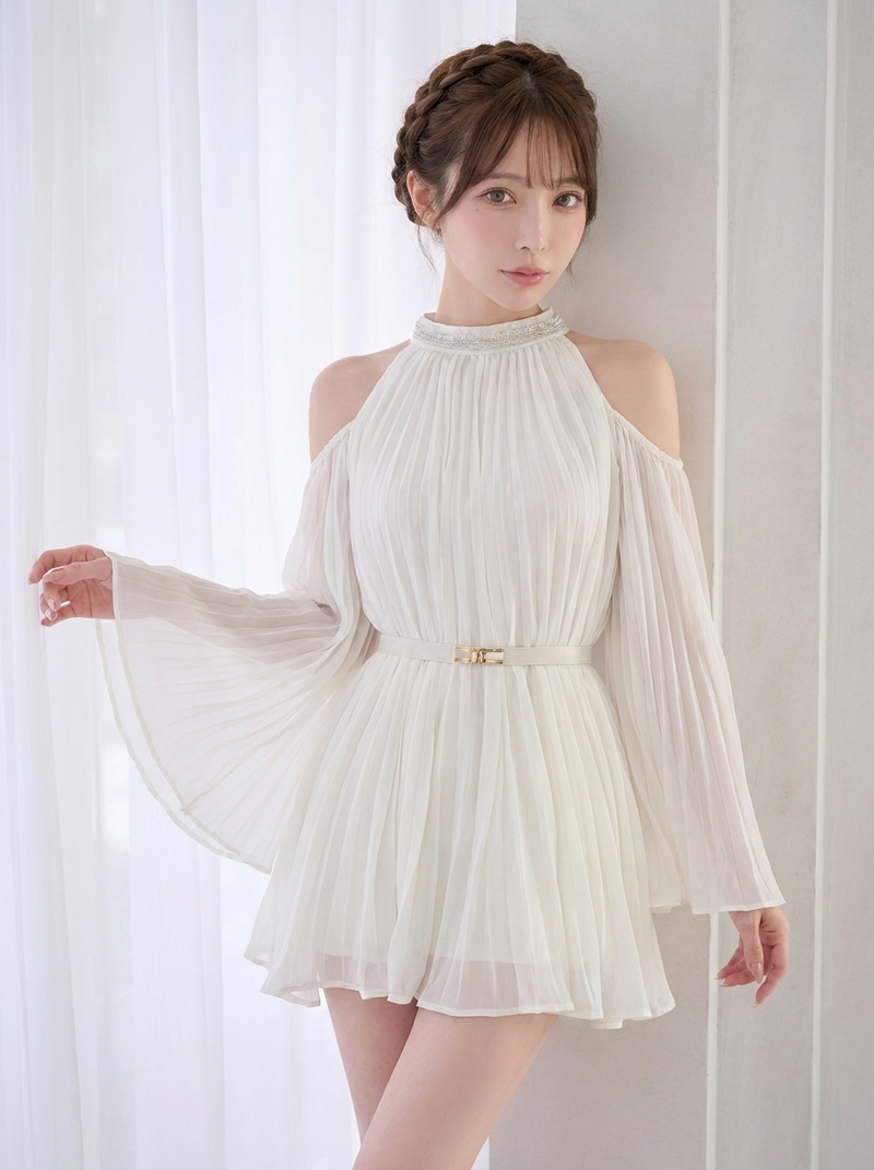 オープンショルダー プリーツ 長袖 シフォンワンピース-ホワイト-L