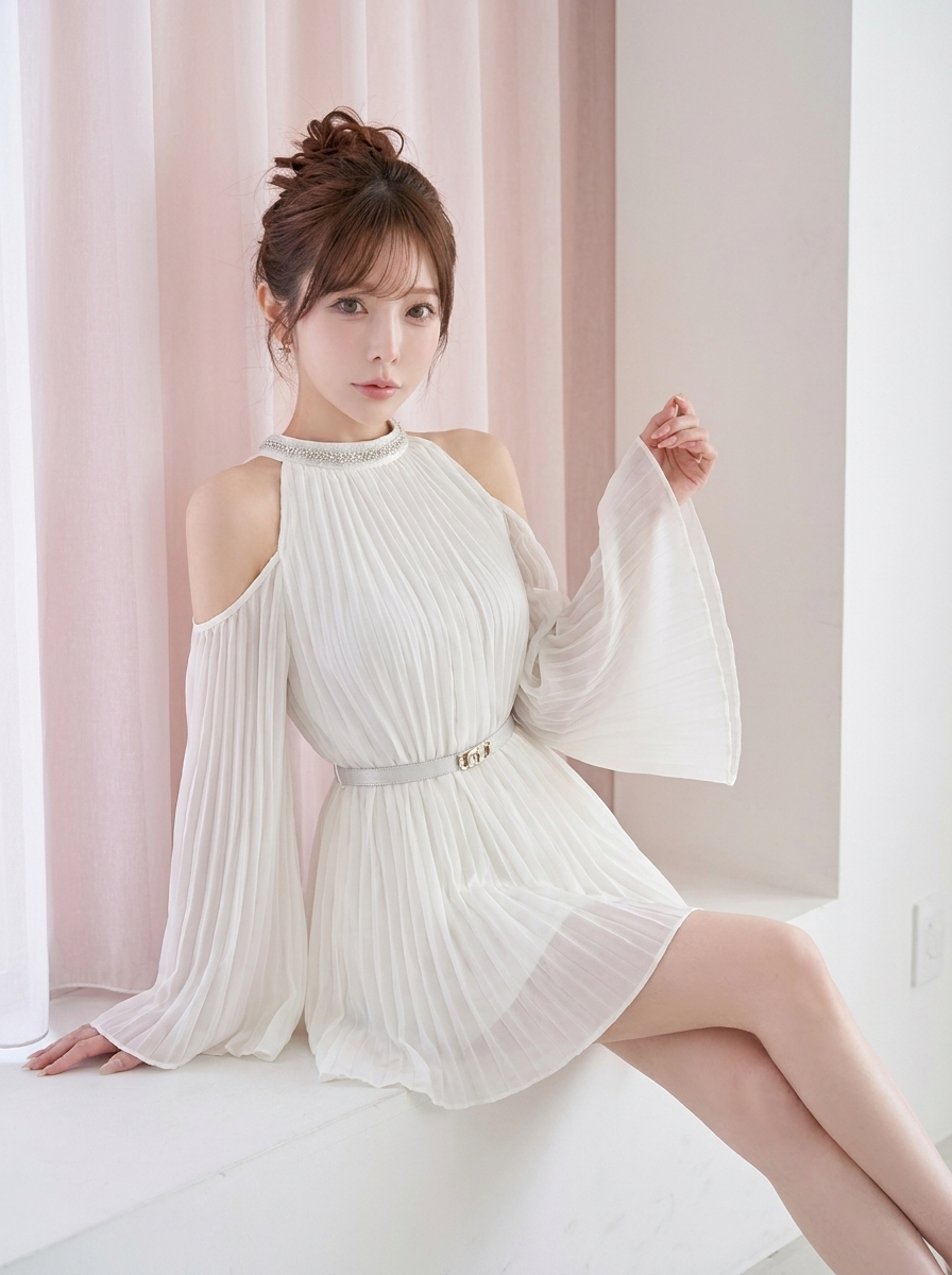 オープンショルダー プリーツ 長袖 シフォン ミニワンピース