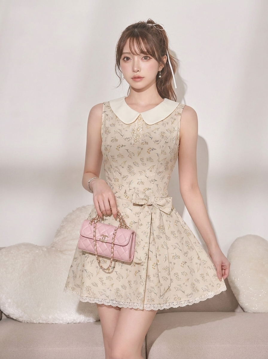 リボン付き ノースリーブ 花柄プリント Aライン ミニワンピース
