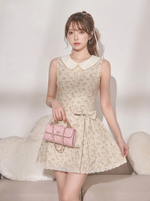 リボン付き ノースリーブ 花柄プリント Aライン ミニワンピース