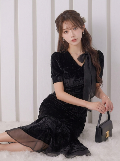 Vネック リボン スリム ロング マーメイド ドレス-ブラック-XL