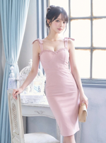 リボン飾りハイウエストスリムセクシードレス-ピンク-XL