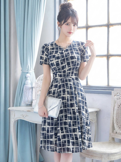 レトロ柄ストレッチタイトヒップミディワンピ-写真通り-XL