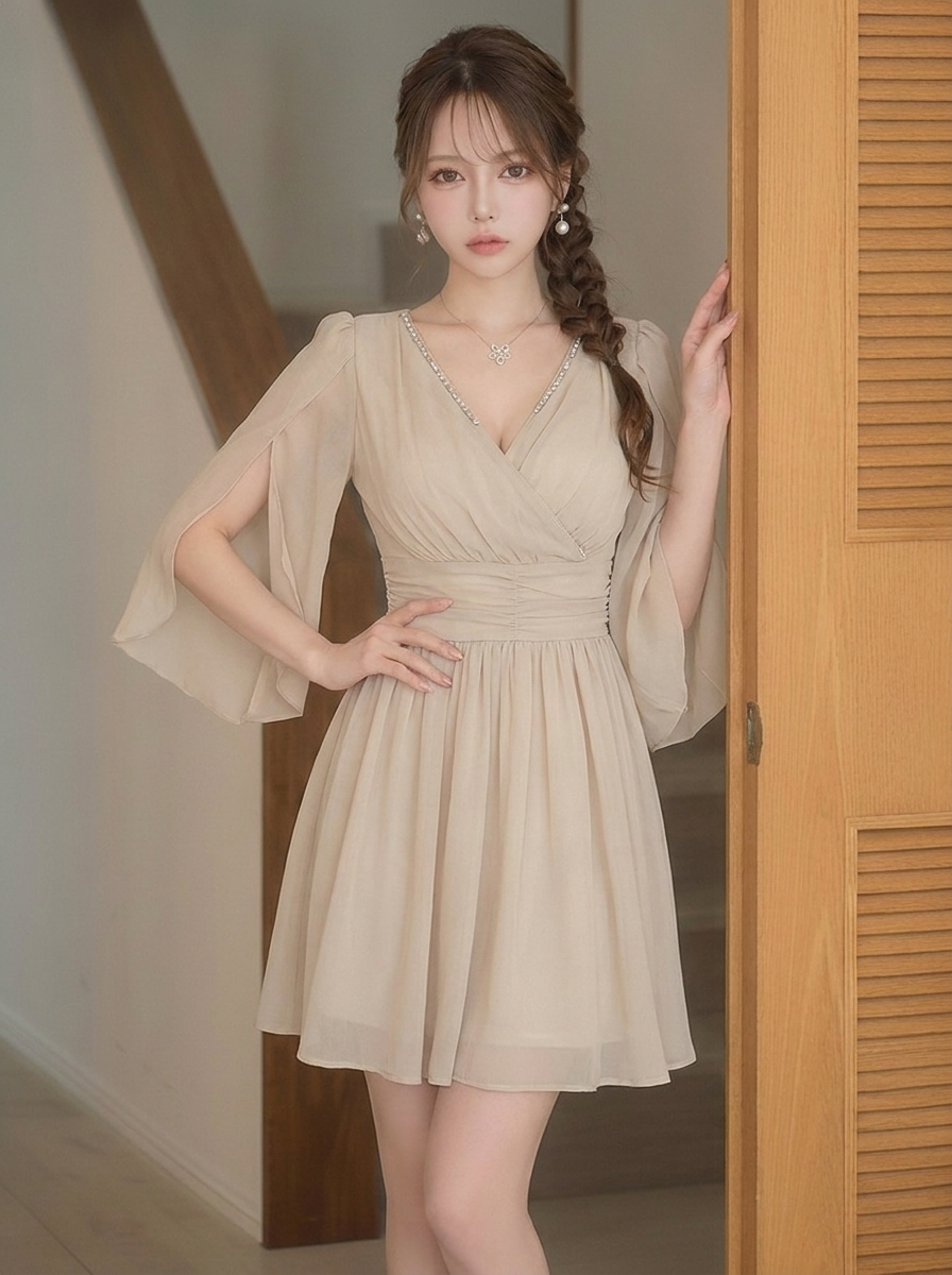 シフォン Vネック Aライン 長袖 ワンピース