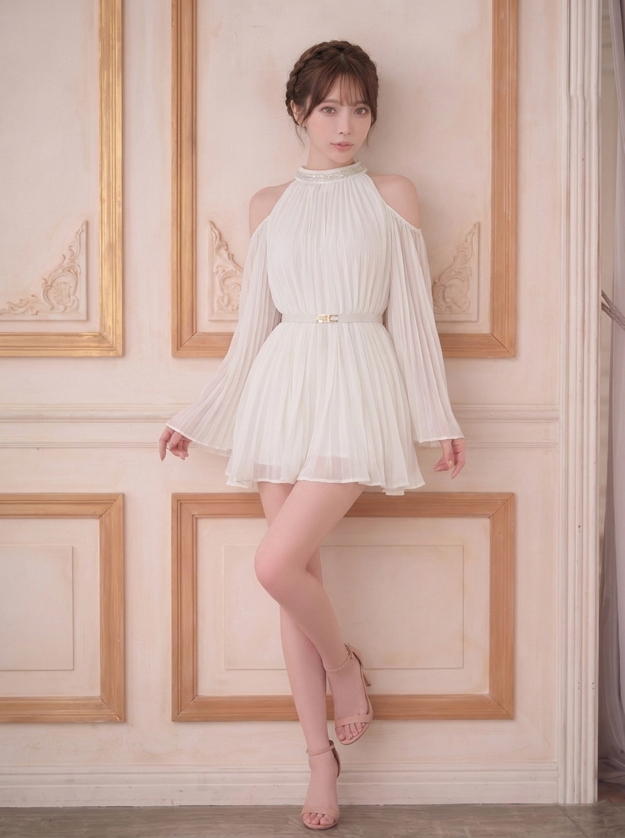 オープンショルダー プリーツ 長袖 シフォン ミニワンピース