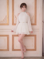 オープンショルダー プリーツ 長袖 シフォン ミニワンピース