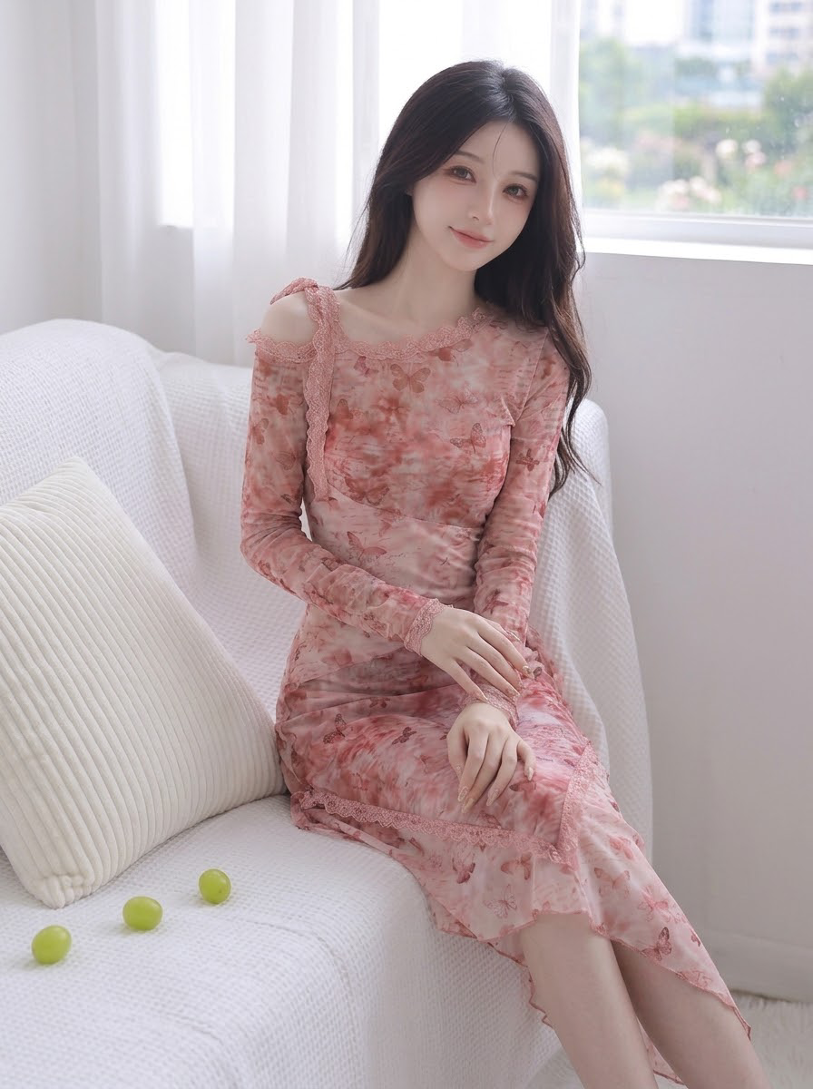 蝶と花柄プリント 長袖ワンピース