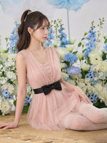 切替 リボン付き Aライン ミニワンピース