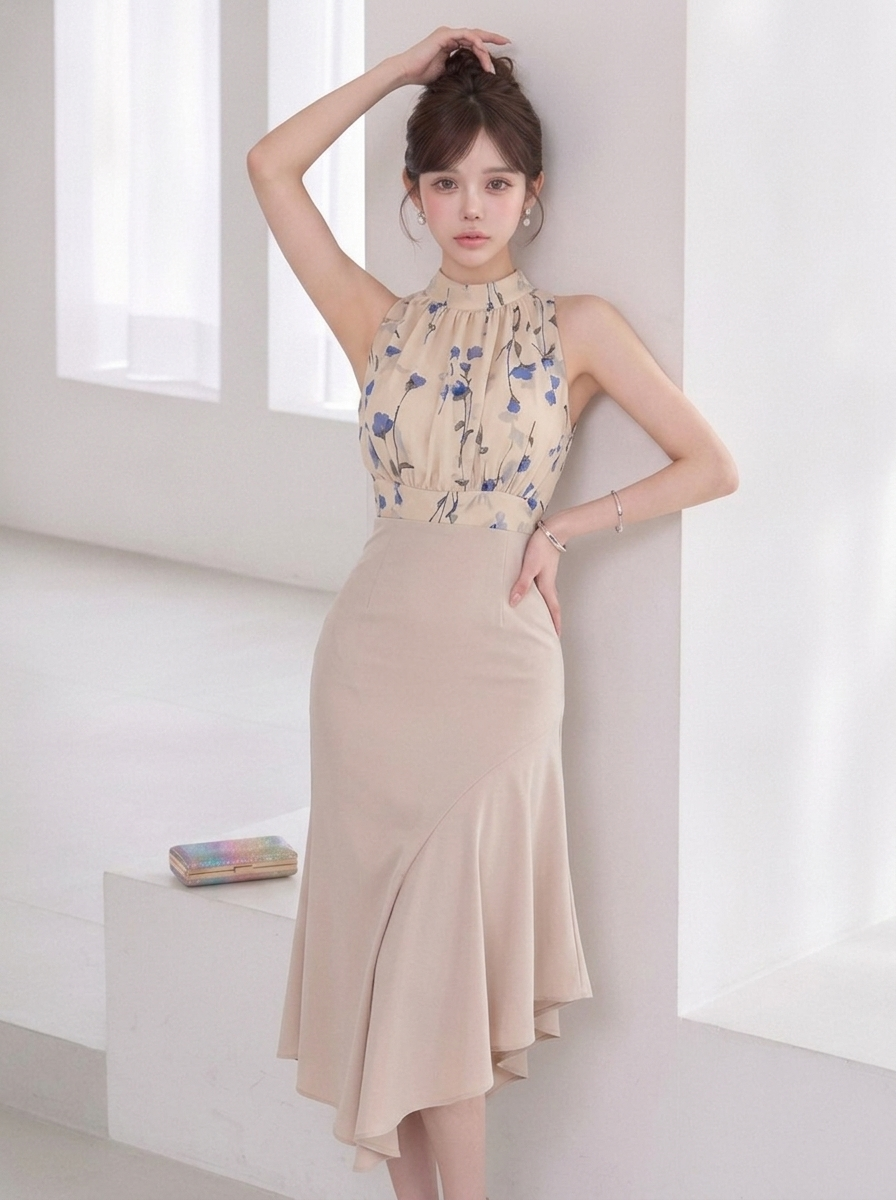 花柄プリント 不規則ヘム トップス＋スカート 上下セット