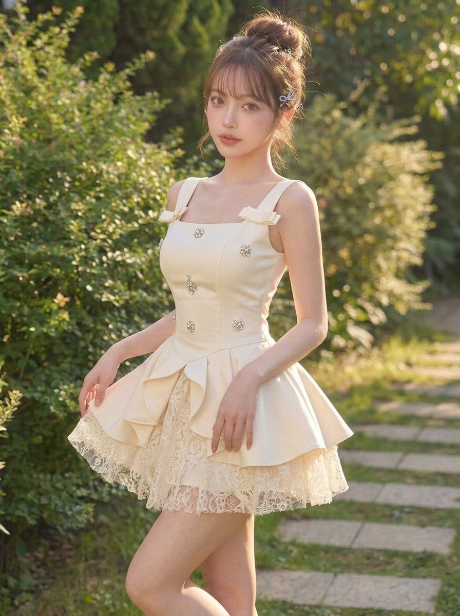 リボン付き ラインストーン付き レース ミニワンピース