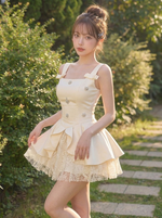 リボン付き ラインストーン付き レース ミニワンピース