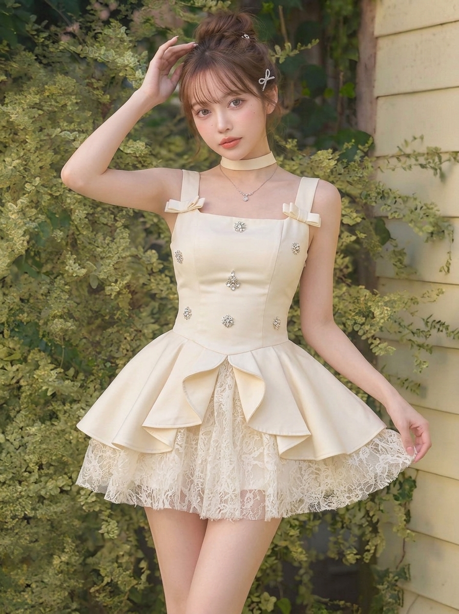 ダブルストラップリボンラインストーンレイヤーレースフレアミニワンピース-アプリコット-L