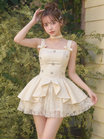 ダブルストラップリボンラインストーンレイヤーレースフレアミニワンピース-アプリコット-L
