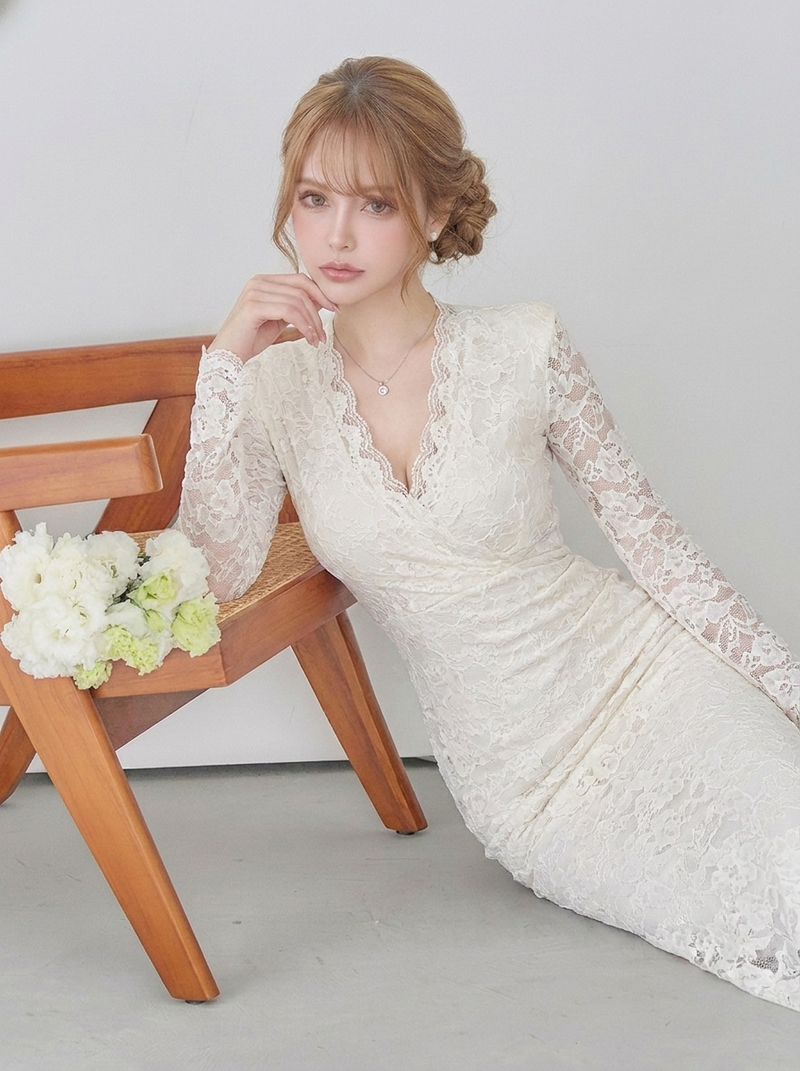 Vネック レース フィッシュテールロングドレス