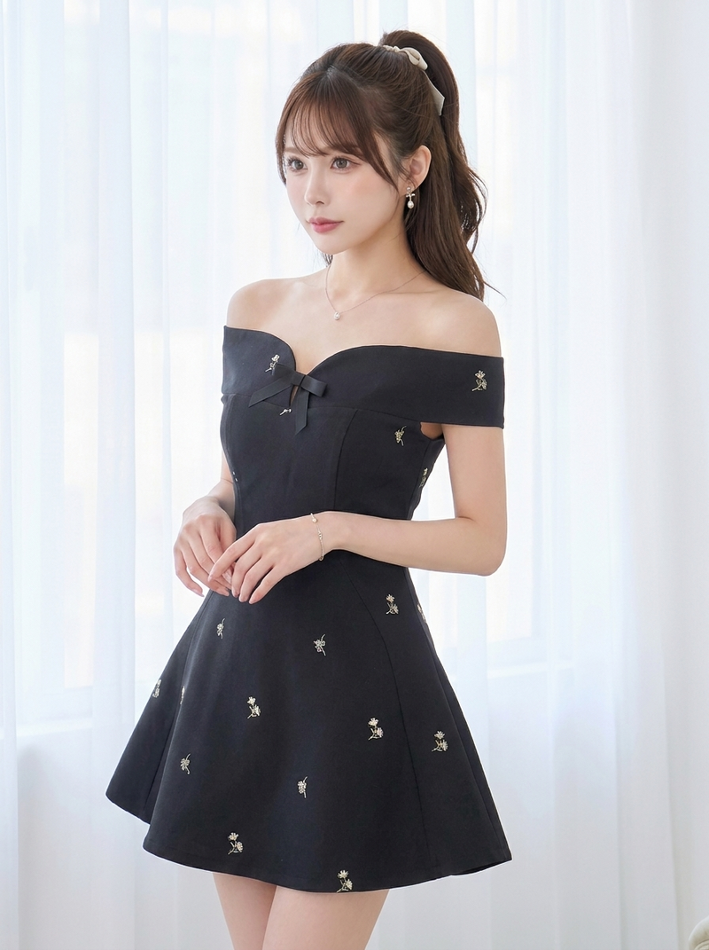 オフショルダー 花柄プリント リボン付き ミニワンピース
