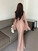 レース 長袖 フレアスリーブ ロングワンピース