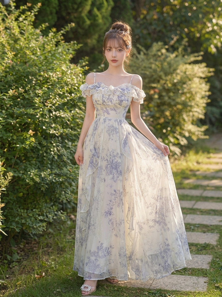 フリル付 ロングワンピース フレンチ風