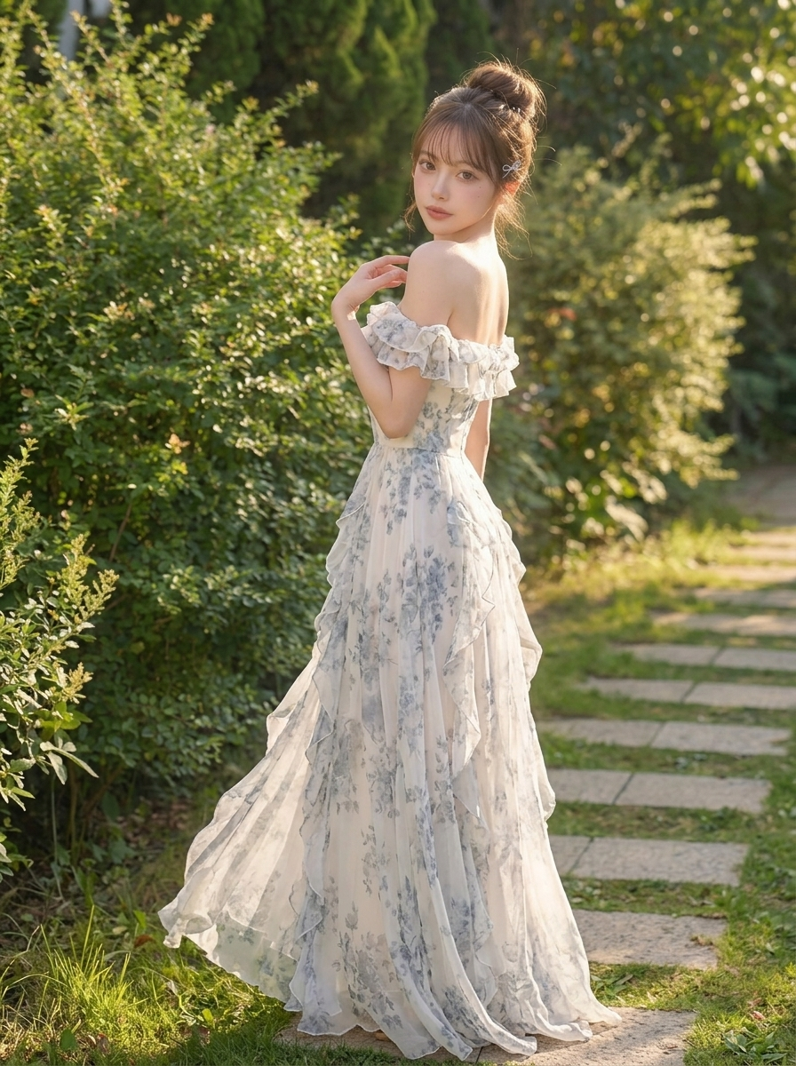 フリル付 ロングワンピース フレンチ風