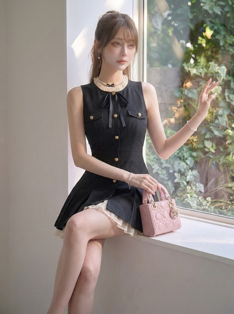 リボン結び プリーツ切替 ノースリーブワンピース