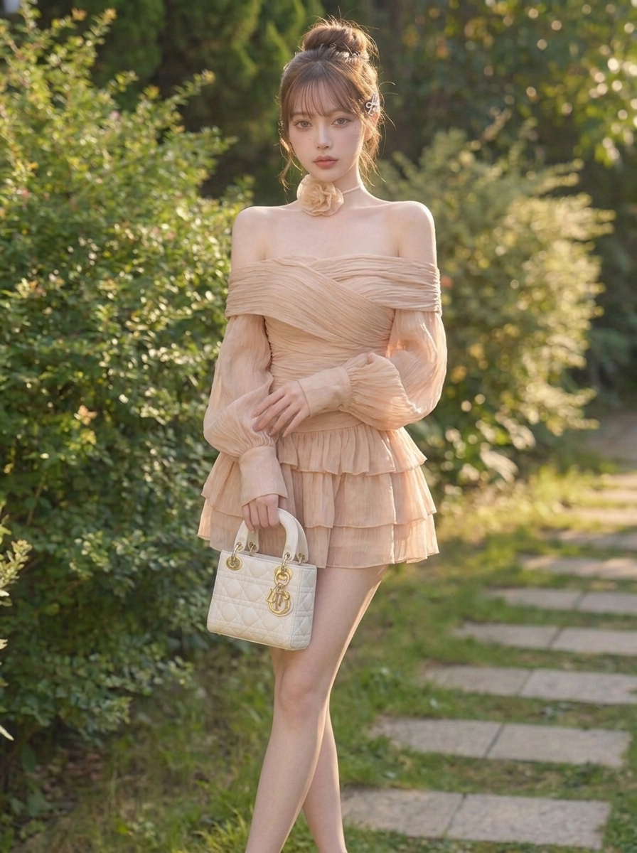 花柄プリント シフォン オフショルダー ミニワンピース