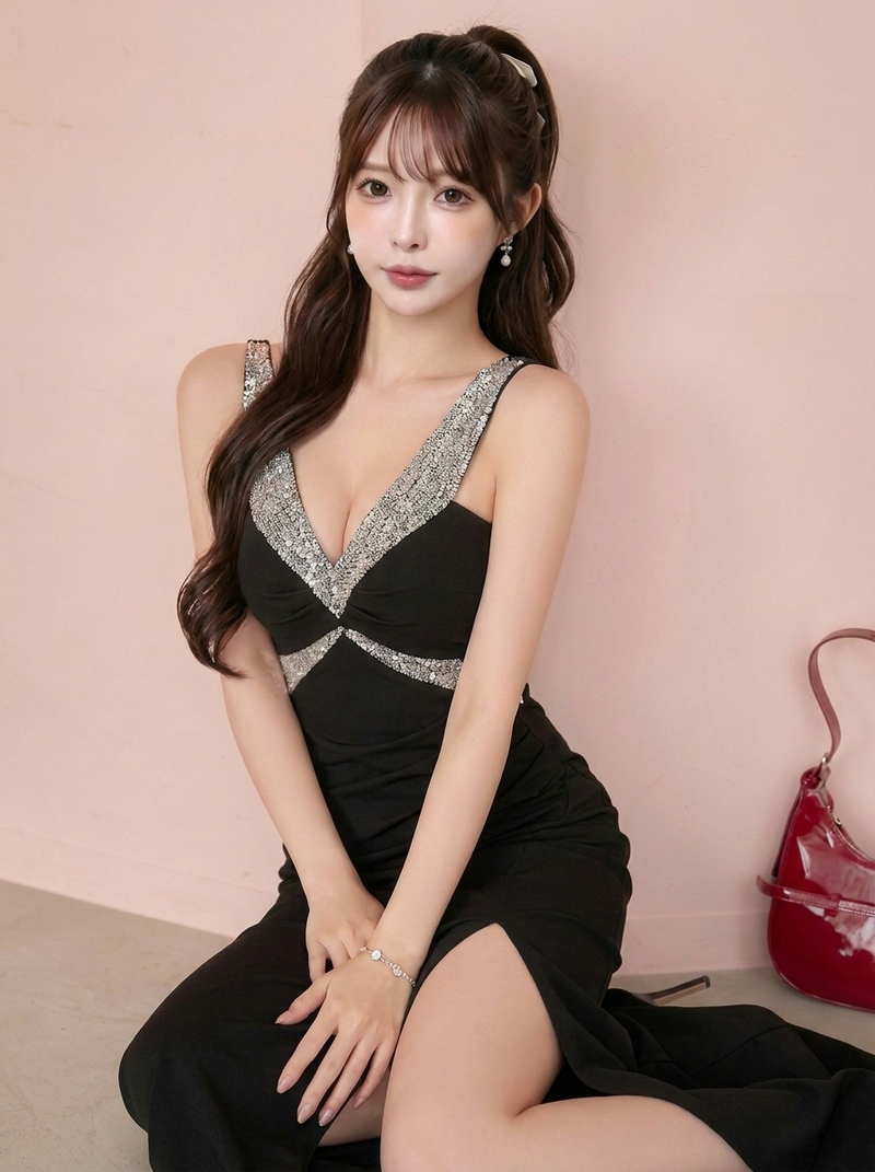 ノースリーブVネックビジュー装飾タイトセクシーワンピース-ブラック-L