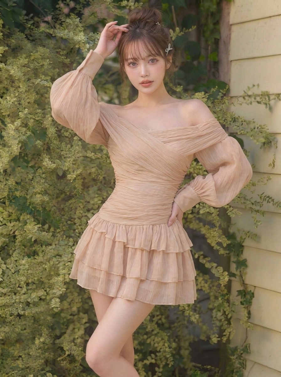 花柄プリント シフォン オフショルダー ミニワンピース
