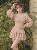 花柄プリント シフォン オフショルダー ミニワンピース