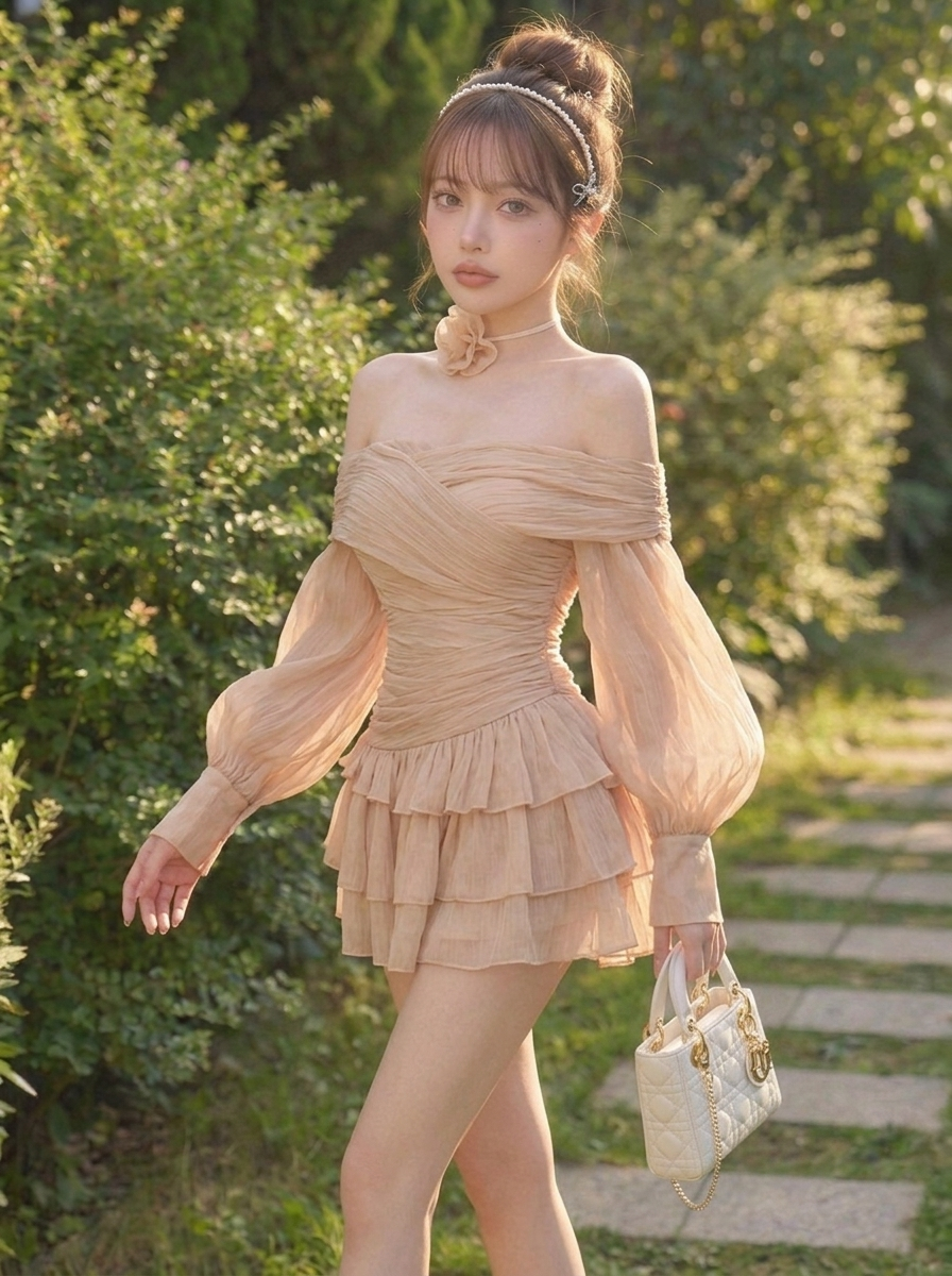花柄プリント シフォン オフショルダー ミニワンピース