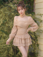 花柄プリント シフォン オフショルダー ミニワンピース