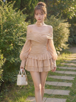 花柄プリント シフォン オフショルダー ミニワンピース
