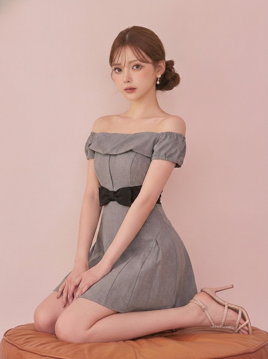 半袖 オープンショルダー リボン付き Aライン ミニワンピース